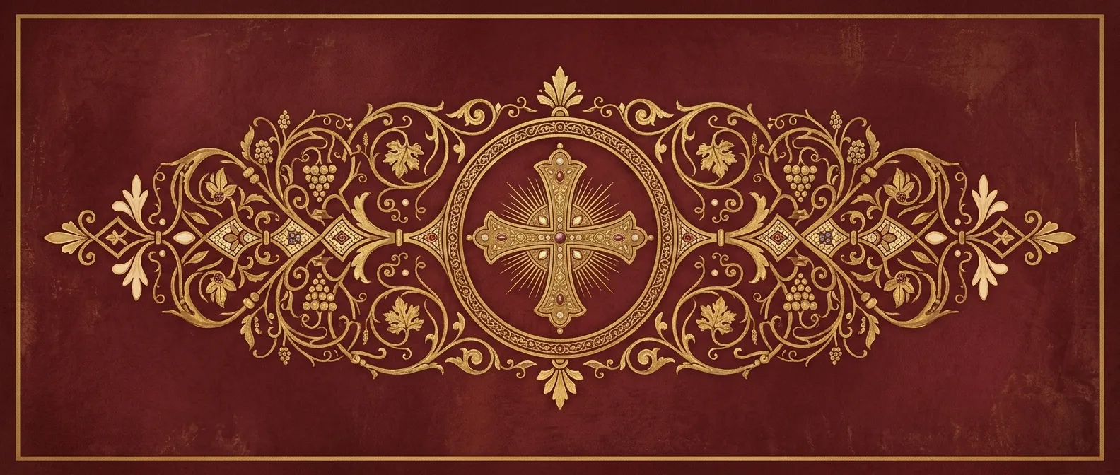 Byzantine gold cross ornament on burgundy