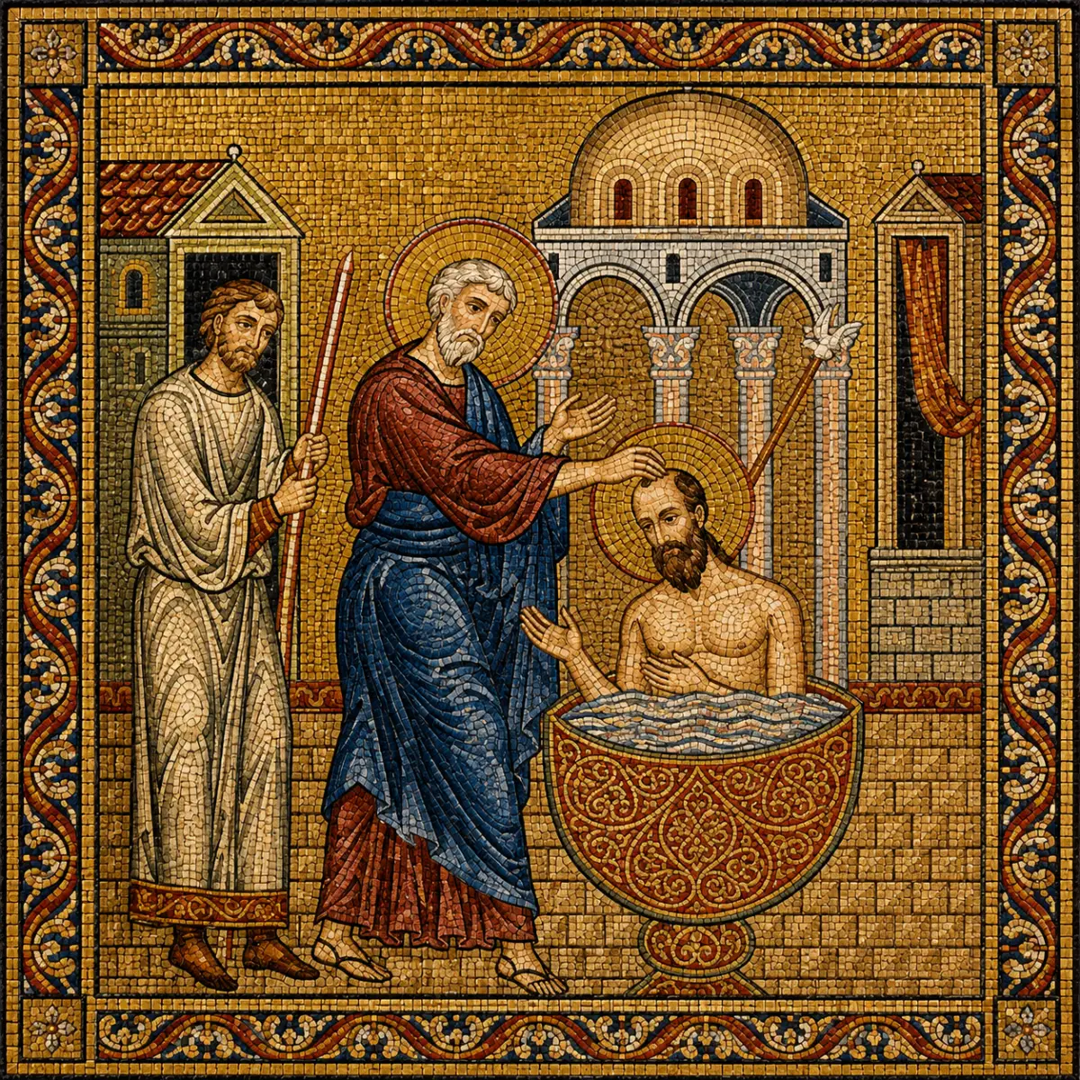 Mosaic of Chrismation: the anointing with holy chrism