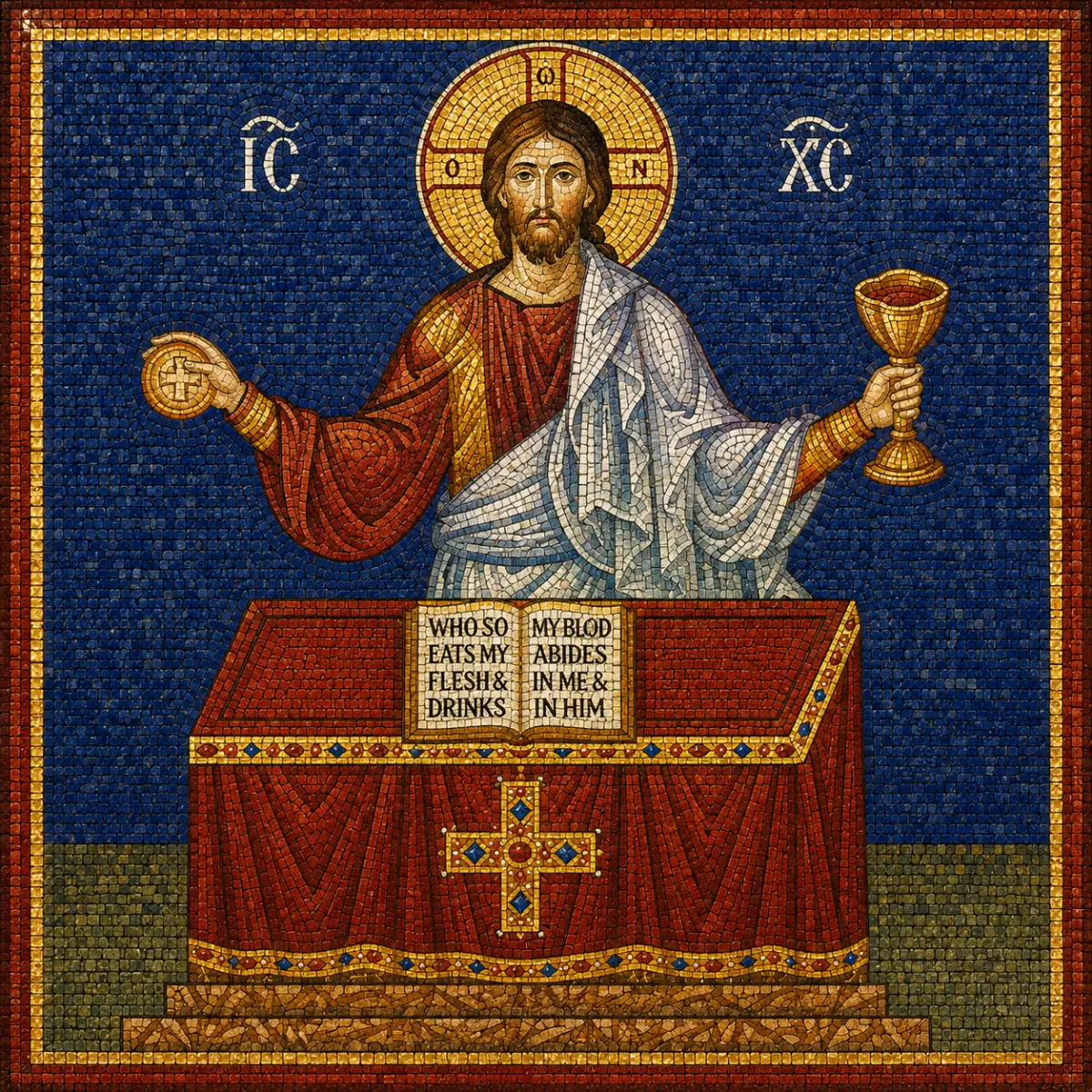 Mosaic of Christ giving His Body and Blood in the Holy Eucharist