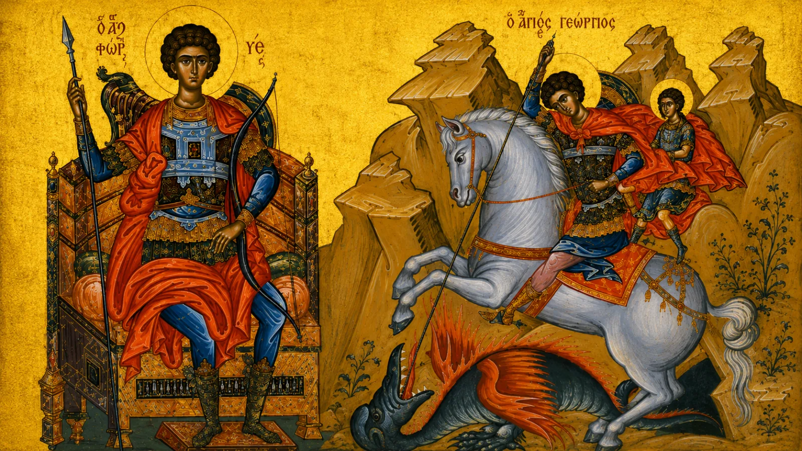 Icon of Saint George enthroned and slaying the dragon